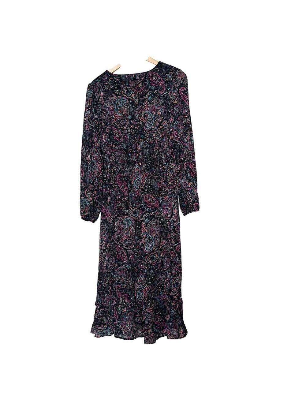 NWT Paisley Long Sleeve V‑Neck Boho Spring Dress L Black Pink Tea Midi Lined - Picture 4 of 7
